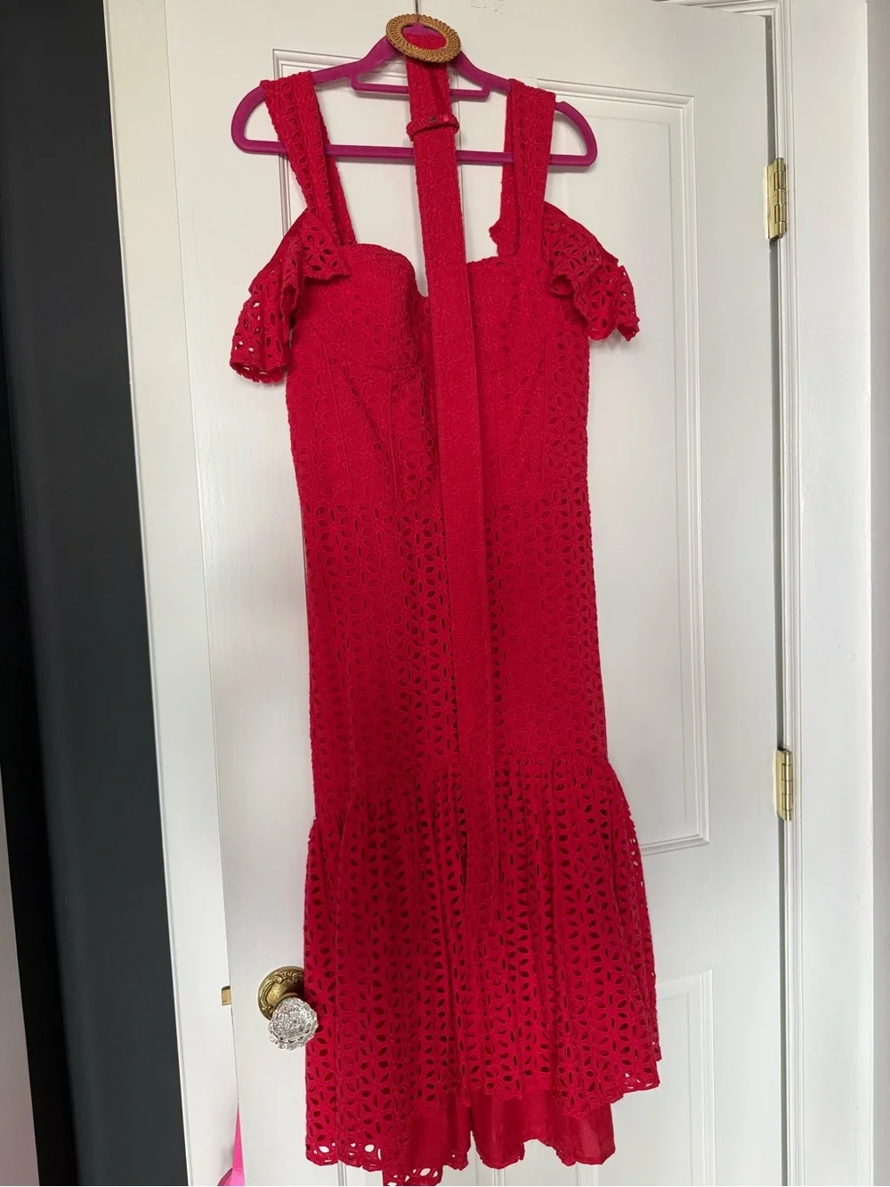 NADINE MERABI Julia Red Eyelet Midi Dress, Belt and Removable shoulder ruffles